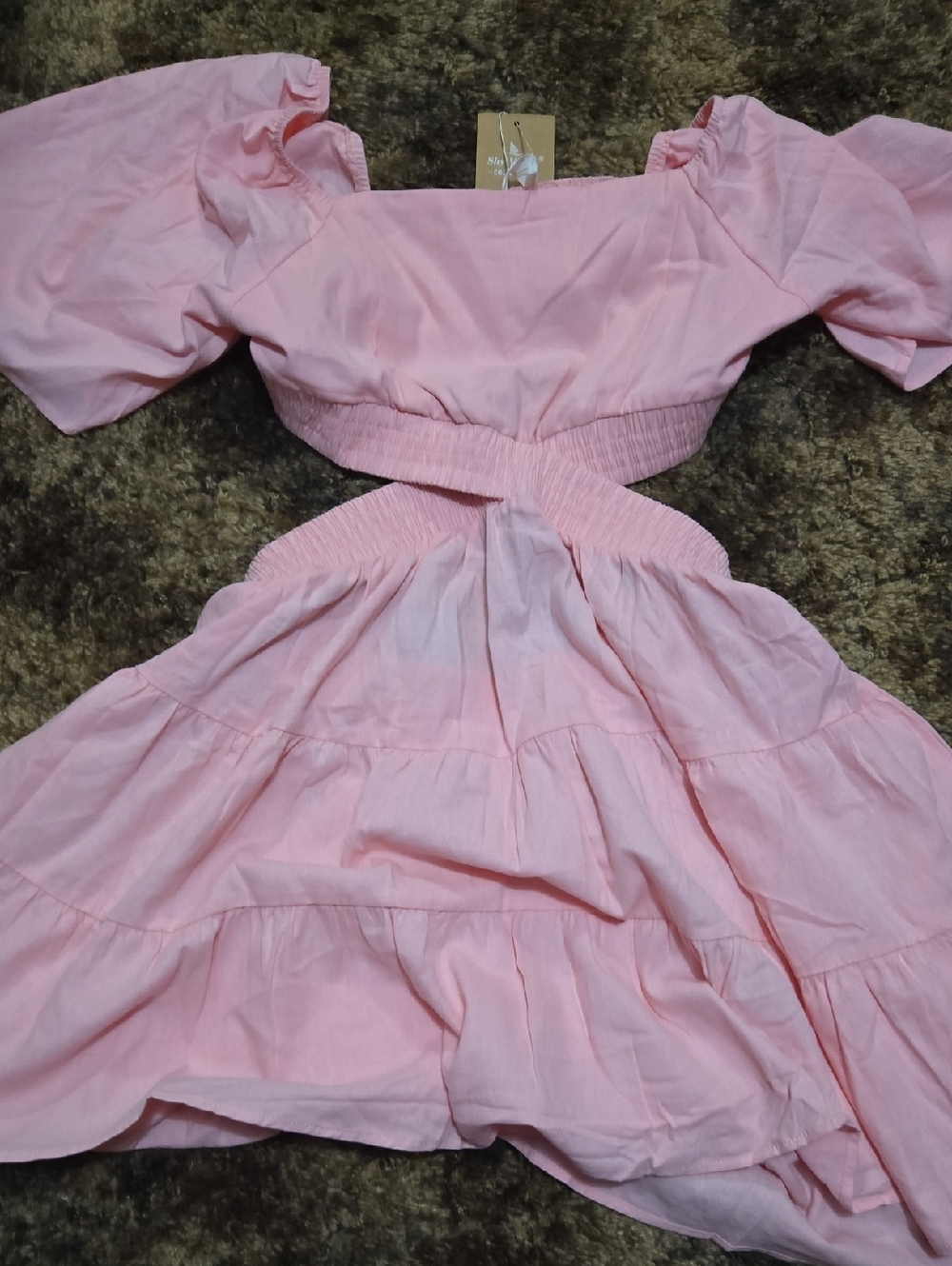 Pink Puff-Sleeve Cutout Casual Women's Dress